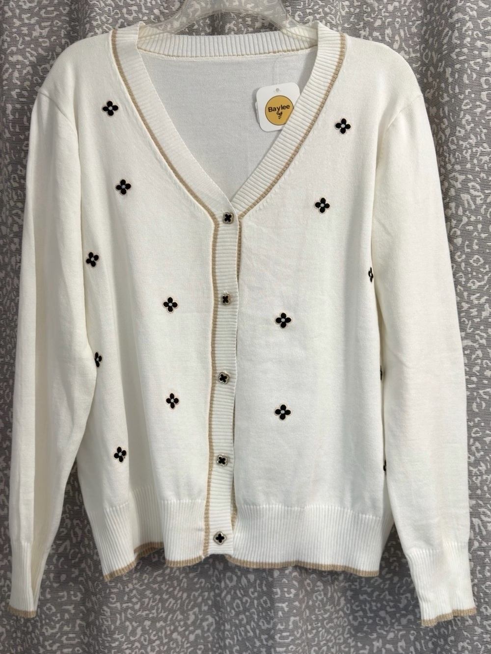 White V-Neck Button Cardigan Sweater with Black Motif